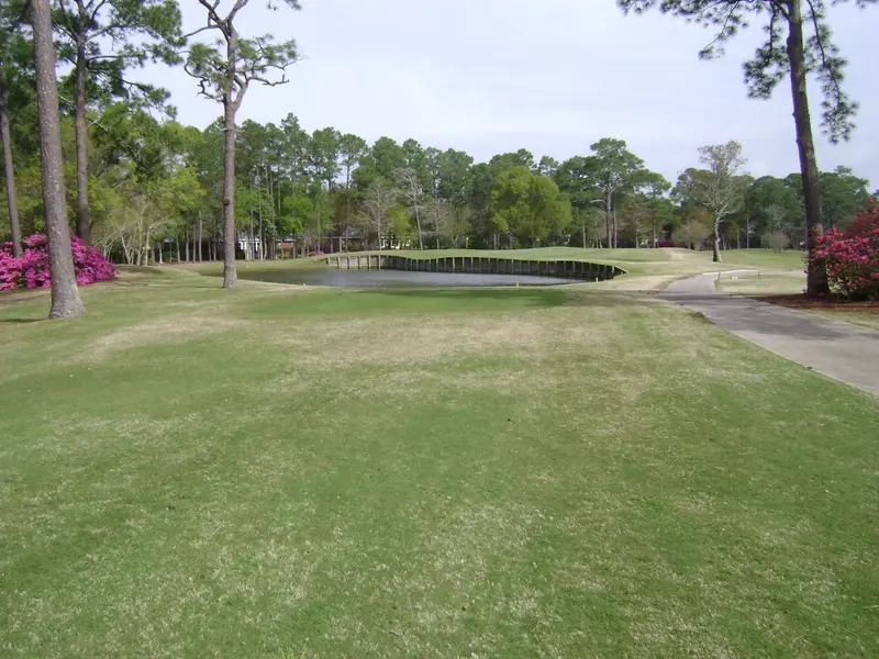 A fairway running down to a bulkheaded pond, with azaleas flowering along the tree line