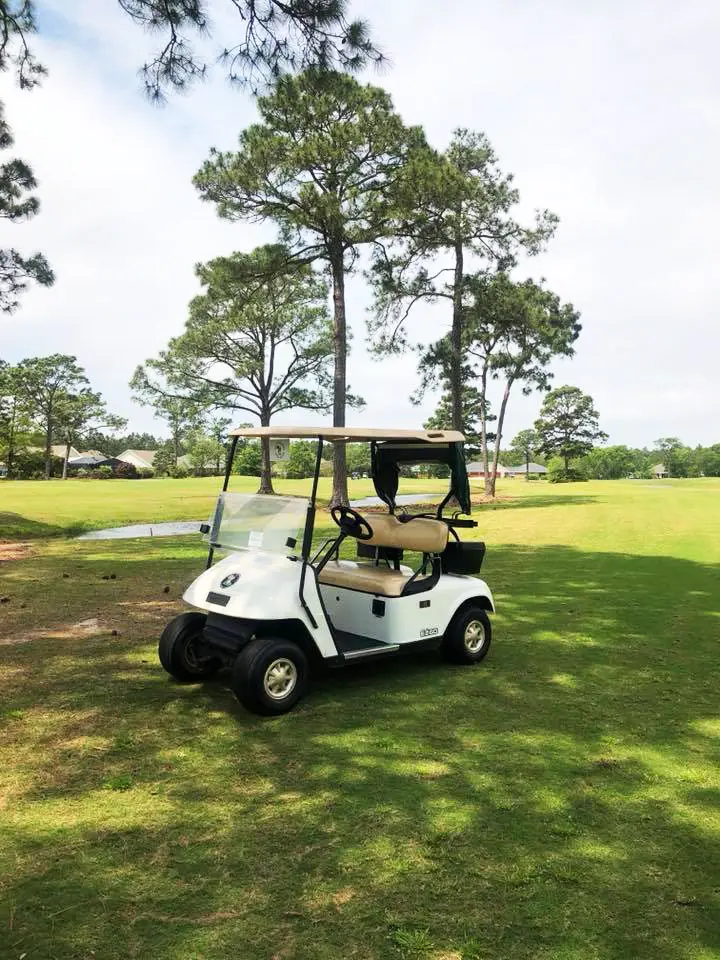 Golf cart parked in the shade of tall pines beside a fairway at Gulf Shores Golf Club