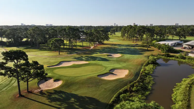 Aerial view of a green ringed by bunkers, with a pond to the right and pines along the fairway