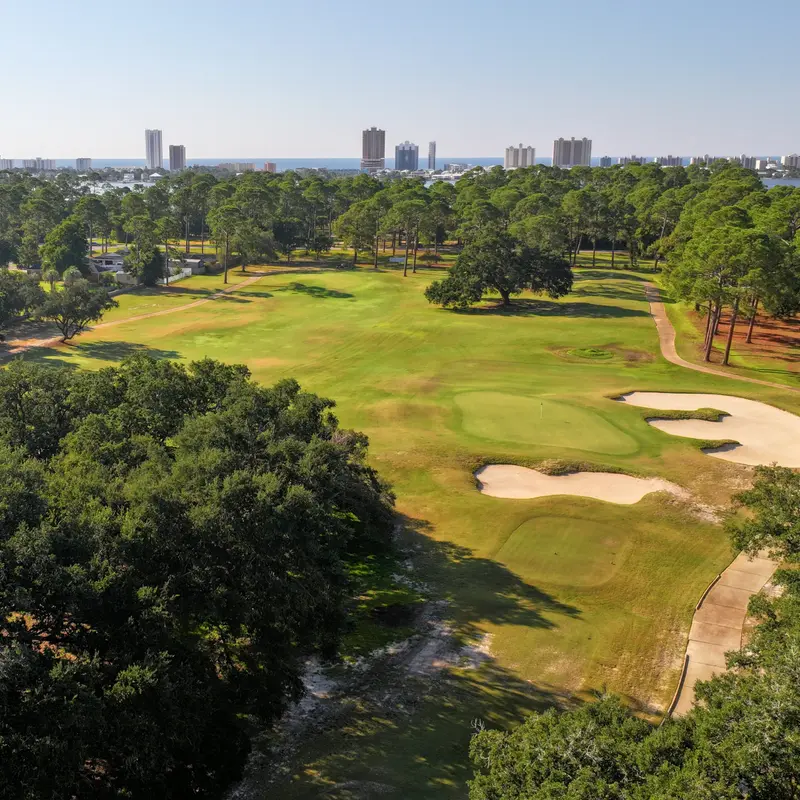 Aerial view across live oaks to a green and its bunkers, with the beachfront skyline beyond