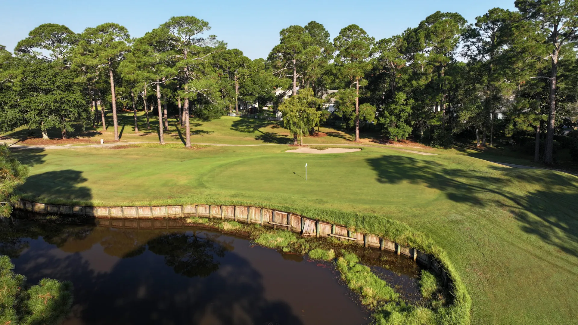 Green with a flagstick above a timber-bulkheaded pond, ringed by tall pines