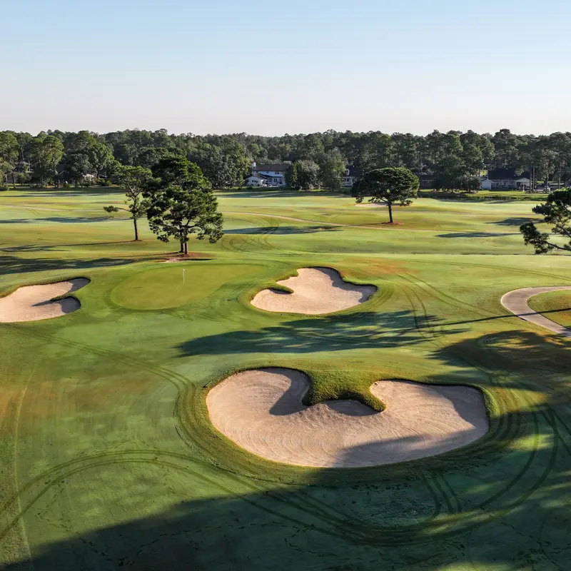 Aerial view of a green guarded by three large sweeping bunkers