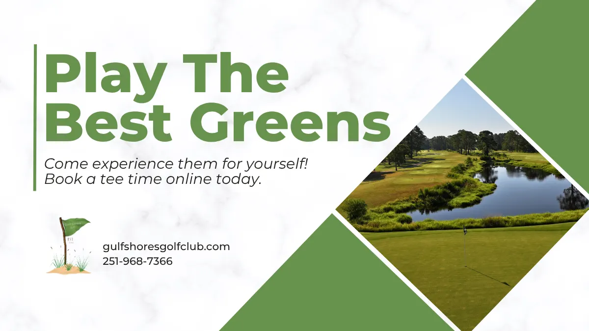 Play The Best Greens graphic with a photo of a green beside a lake and the club's phone number
