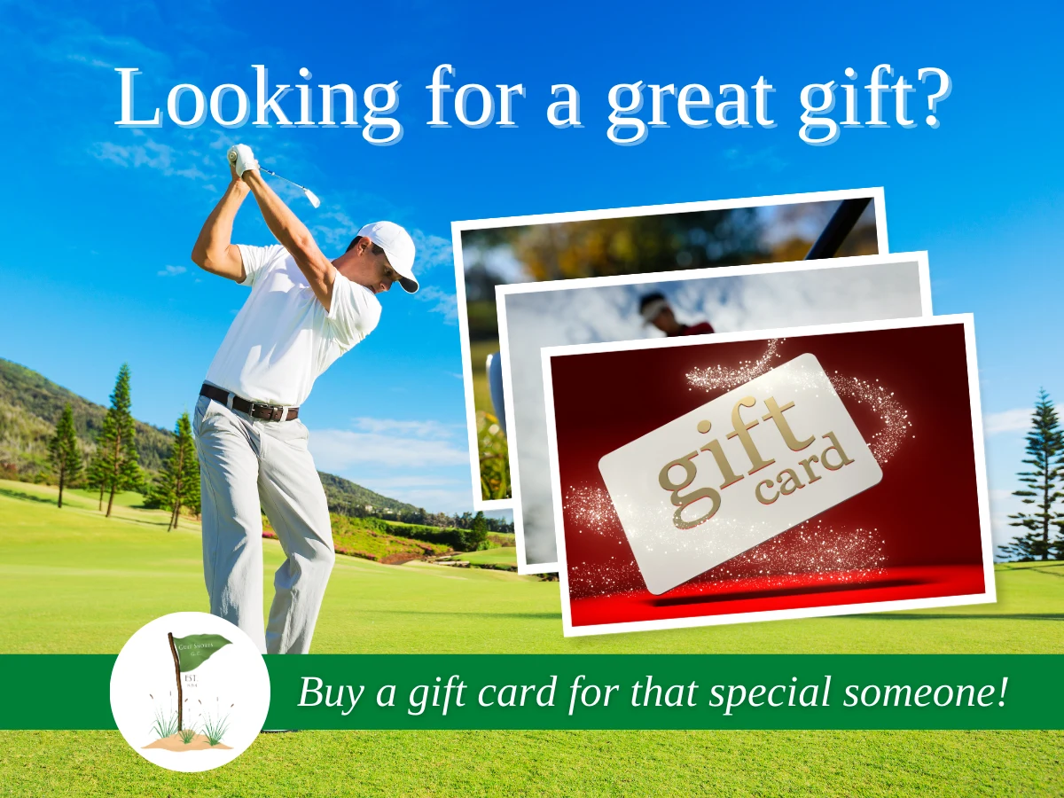 Gulf Shores Golf Club gift card graphic reading "Looking for a great gift?" and "Buy a gift card for that special someone!", with a golfer mid-swing beside a stack of gift cards and the club's flag logo