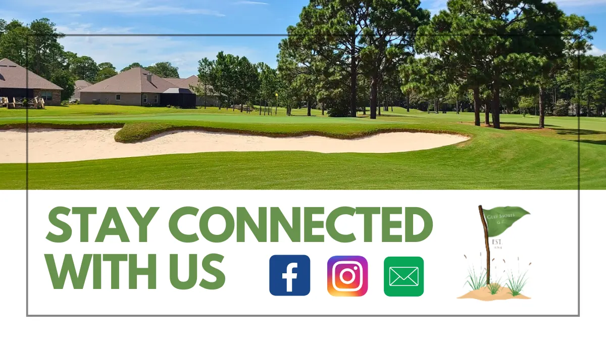 Stay Connected With Us graphic over a bunkered green, with Facebook, Instagram and email icons beside the club's flag logo