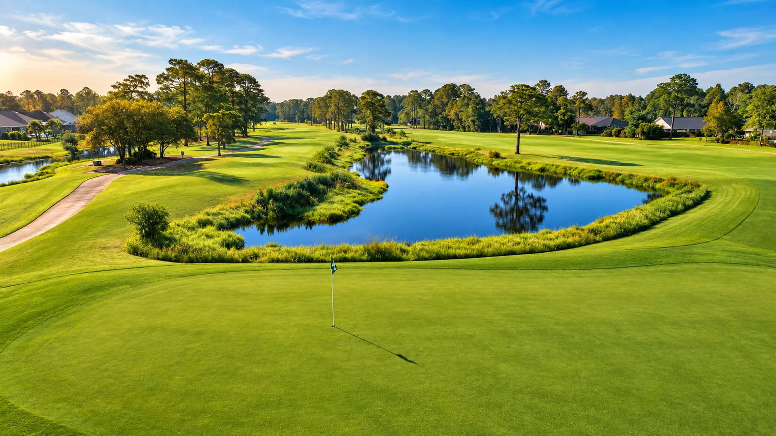 Putting green and lake at Gulf Shores Golf Club with tree-lined fairways beyond